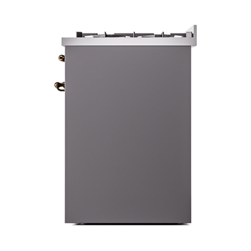 Matte graphite range door with bronze hinges, top edge and black burner grates