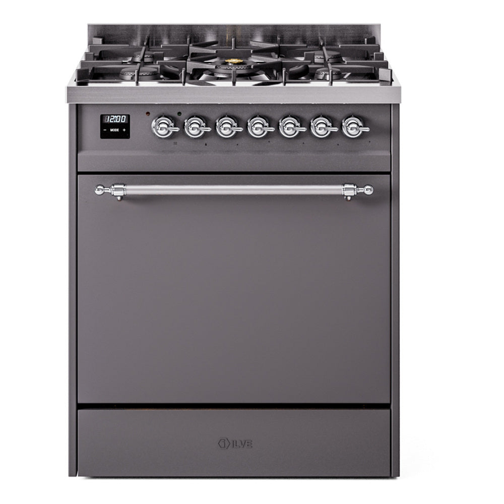Matte graphite dual fuel gas range with chrome trim and solid door, front view