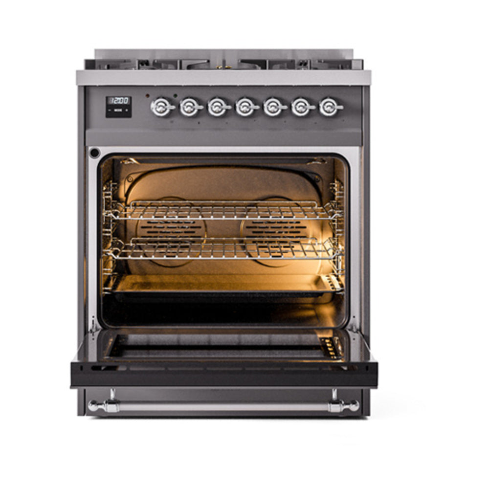 Dual fuel gas range with open oven door, matte graphite finish and burner controls