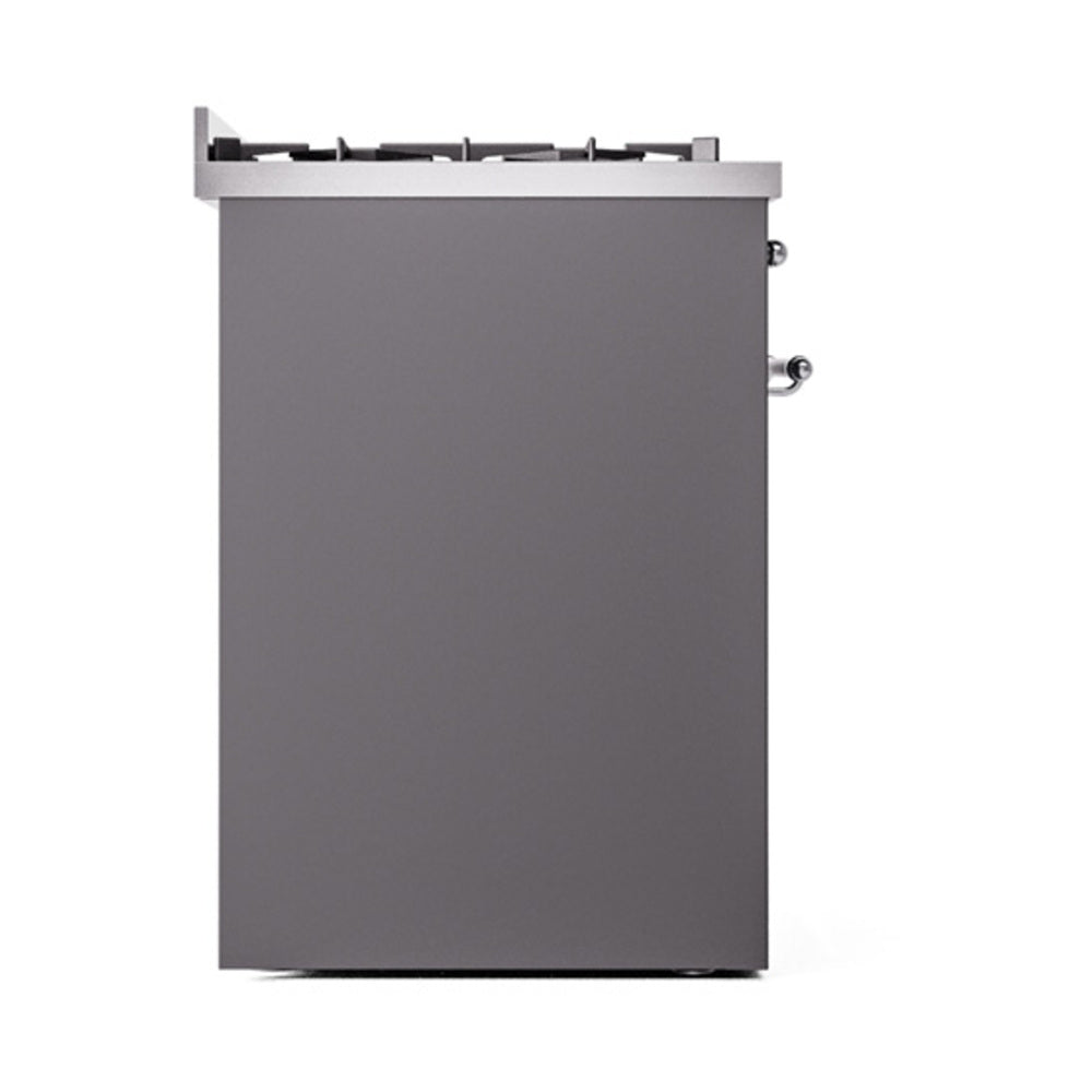 Matte graphite range side panel with two chrome control knobs and top grates