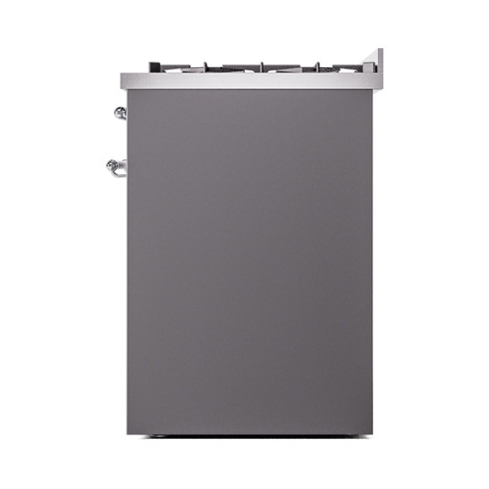 Matte graphite range front corner with chrome knobs and cooktop edge