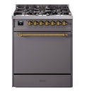 ILVE Nostalgie II 30-Inch Natural Gas Dual Fuel Range with Solid Door in Matte Graphite with Brass Trim (UP30QNMPMGG)