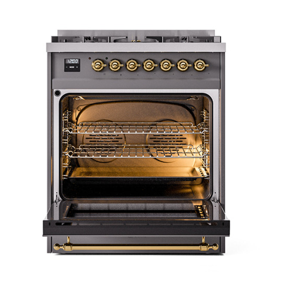 Dual fuel gas range with open oven door, brass accents on matte graphite