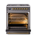 ILVE Nostalgie II 30-Inch Natural Gas Dual Fuel Range with Solid Door in Matte Graphite with Brass Trim (UP30QNMPMGG)