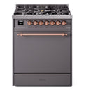 ILVE Nostalgie II 30-Inch Natural Gas Dual Fuel Range with Solid Door in Matte Graphite with Copper Trim (UP30QNMPMGP)