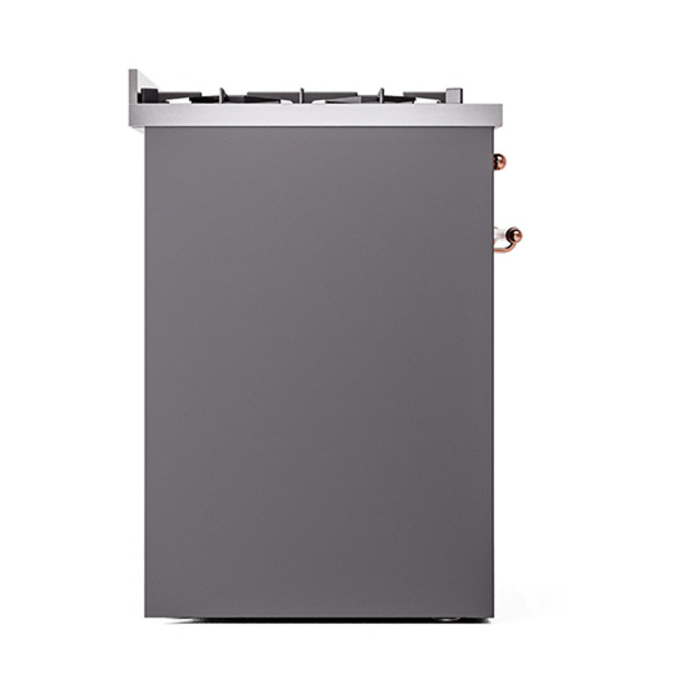 Matte graphite solid range door with copper-trim corner knobs and handle