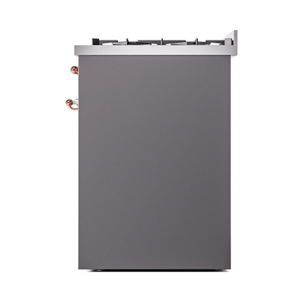 Matte graphite side panel of dual fuel range with copper knobs