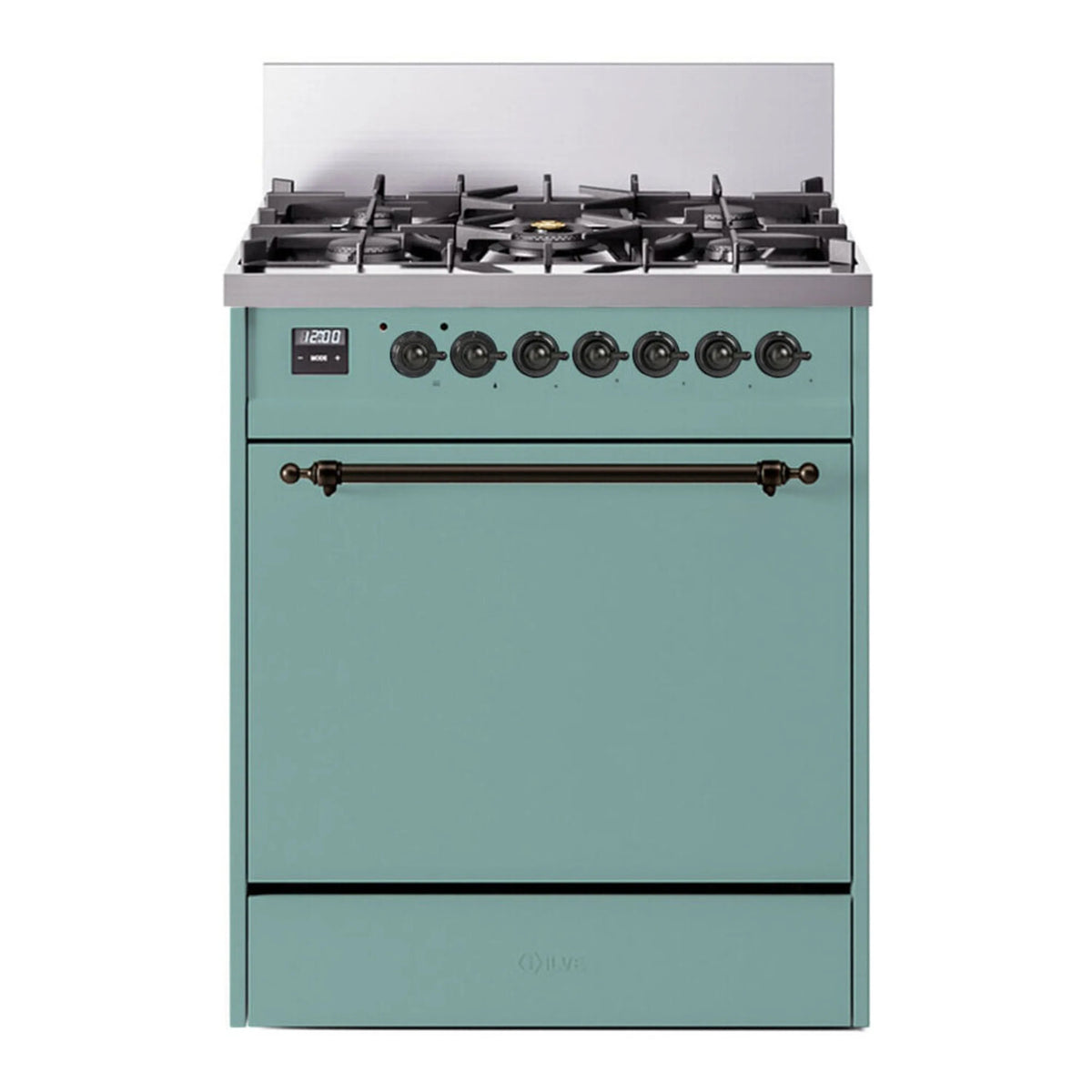 ILVE Nostalgie II 30-Inch Natural Gas Dual Fuel Range with Solid Door in Mediterranean Mint with Burnished Trim (UP30QNMPMMB)