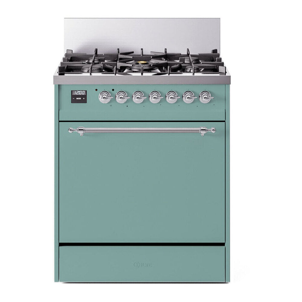 ILVE Nostalgie II 30-Inch Propane Gas Dual Fuel Range with Solid Door in Mediterranean Mint with Chrome Trim (UP30QNMPMMCLP)