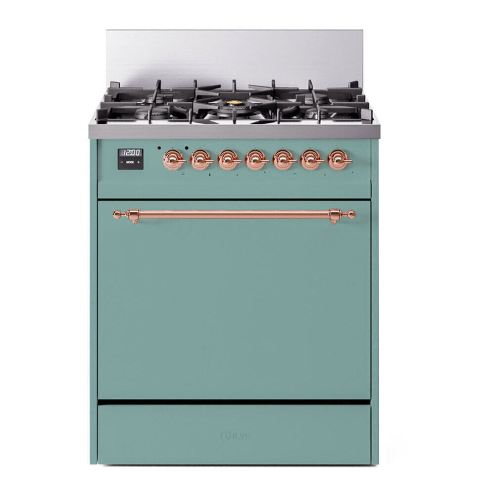 ILVE Nostalgie II 30-Inch Propane Gas Dual Fuel Range with Solid Door in Mediterranean Mint with Copper Trim (UP30QNMPMMPLP)