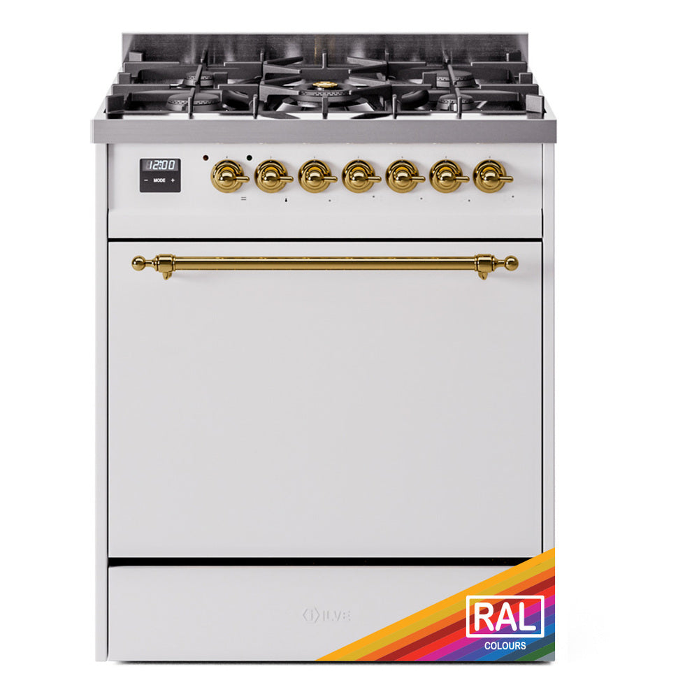 Dual-fuel gas range with solid door, brass-trim control panel, and 6-burner cooktop