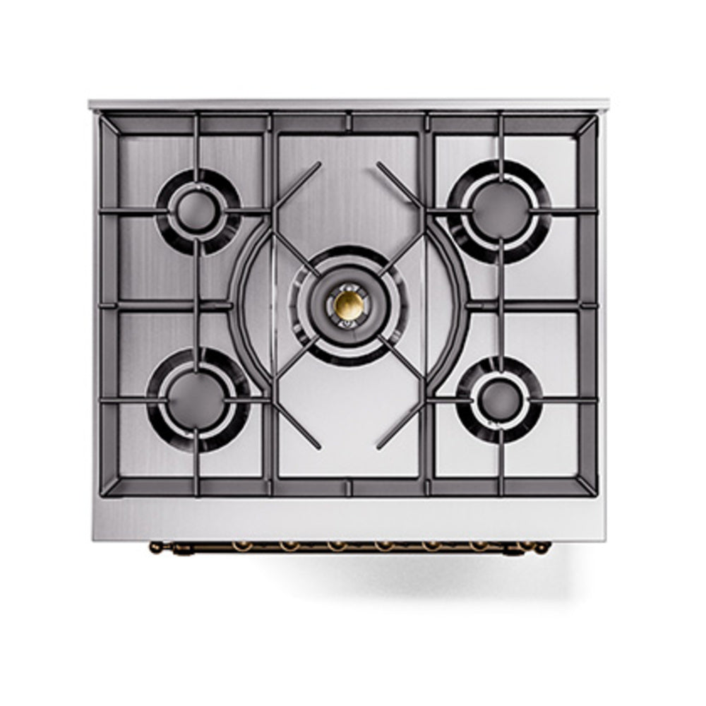 Stainless steel cooktop with four gas burners, black grates, and bronze-ring knobs