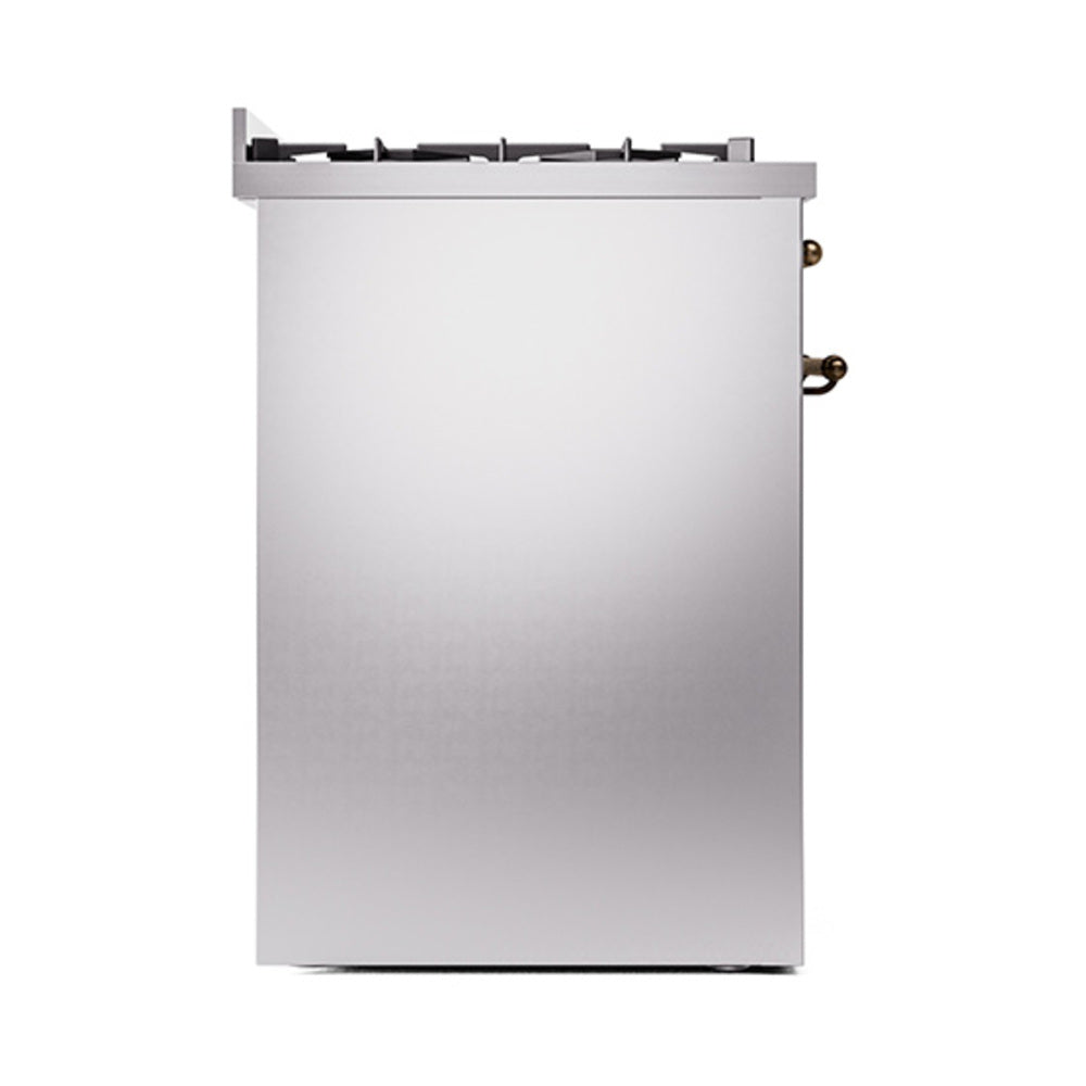 Stainless steel range front-side view with bronze handles and top row of cooktop grates.