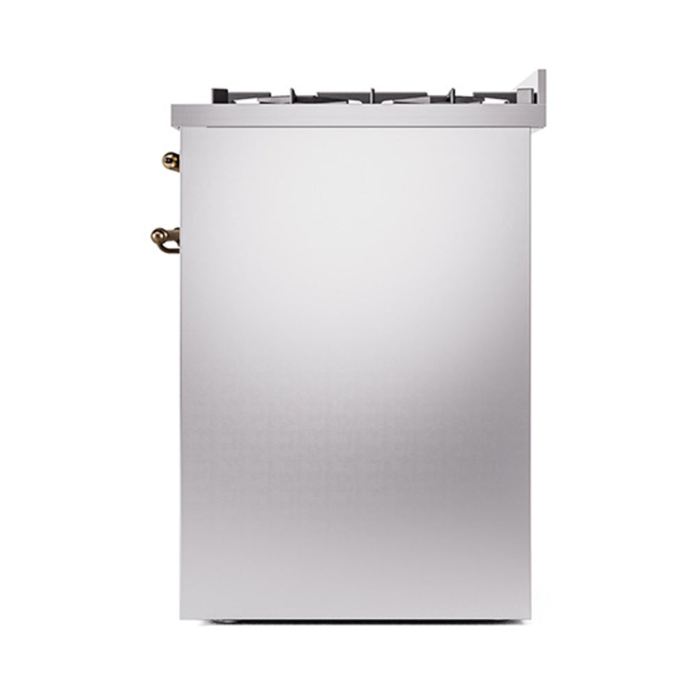Stainless steel range door with bronze handle and control knobs at top edge