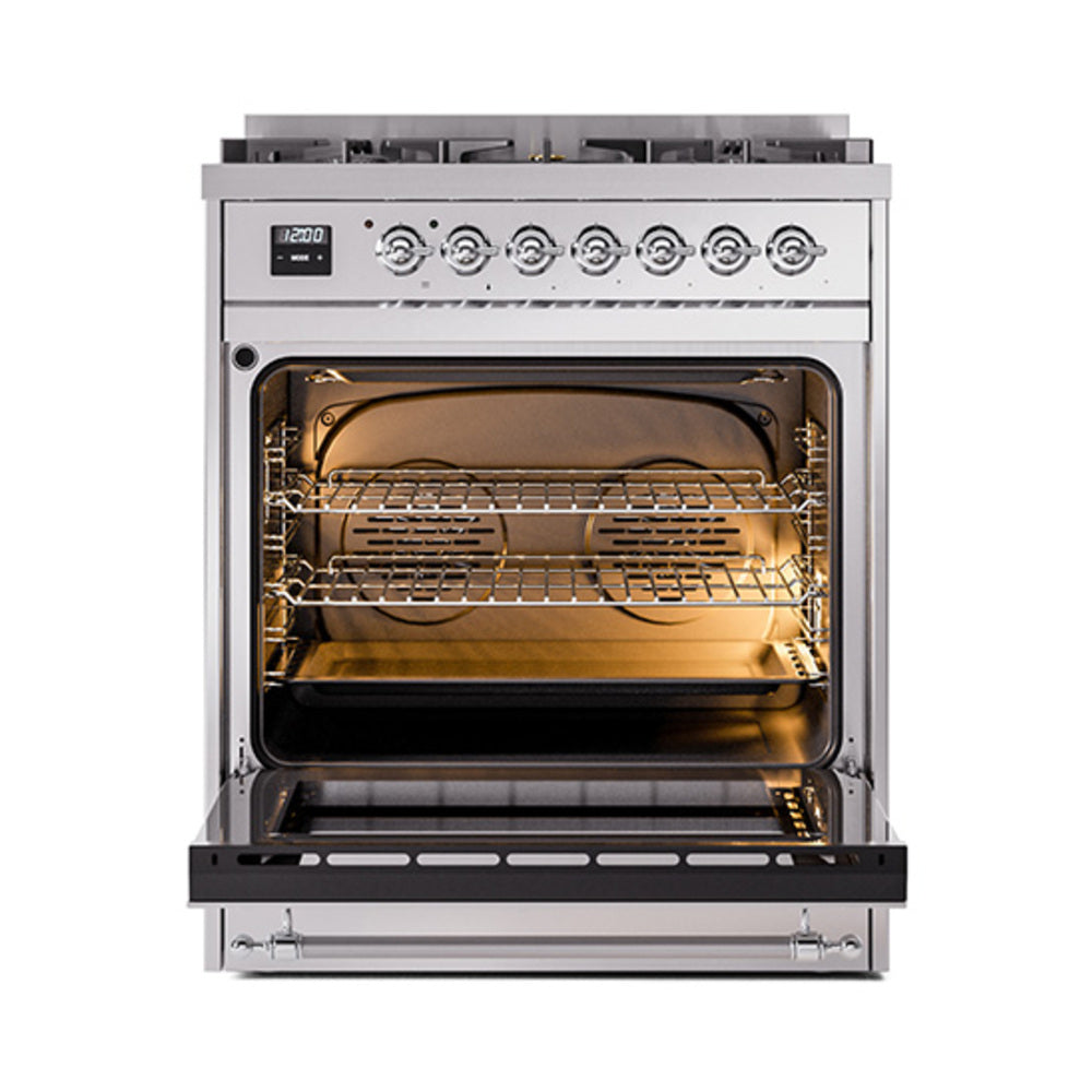 Stainless steel dual fuel range with oven door open, showing interior racks and burners