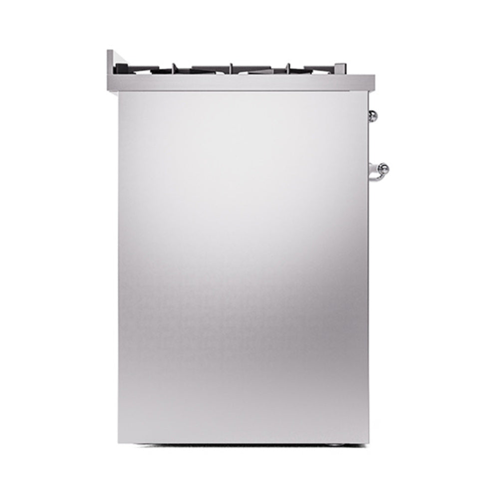 Stainless steel range side panel with chrome burner knobs and back controls
