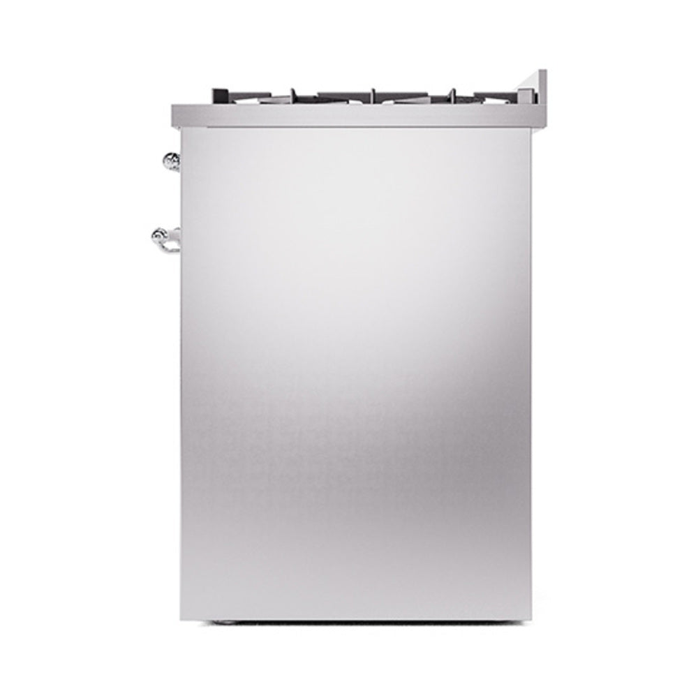 Stainless steel range side view with oven door closed and top burner grates