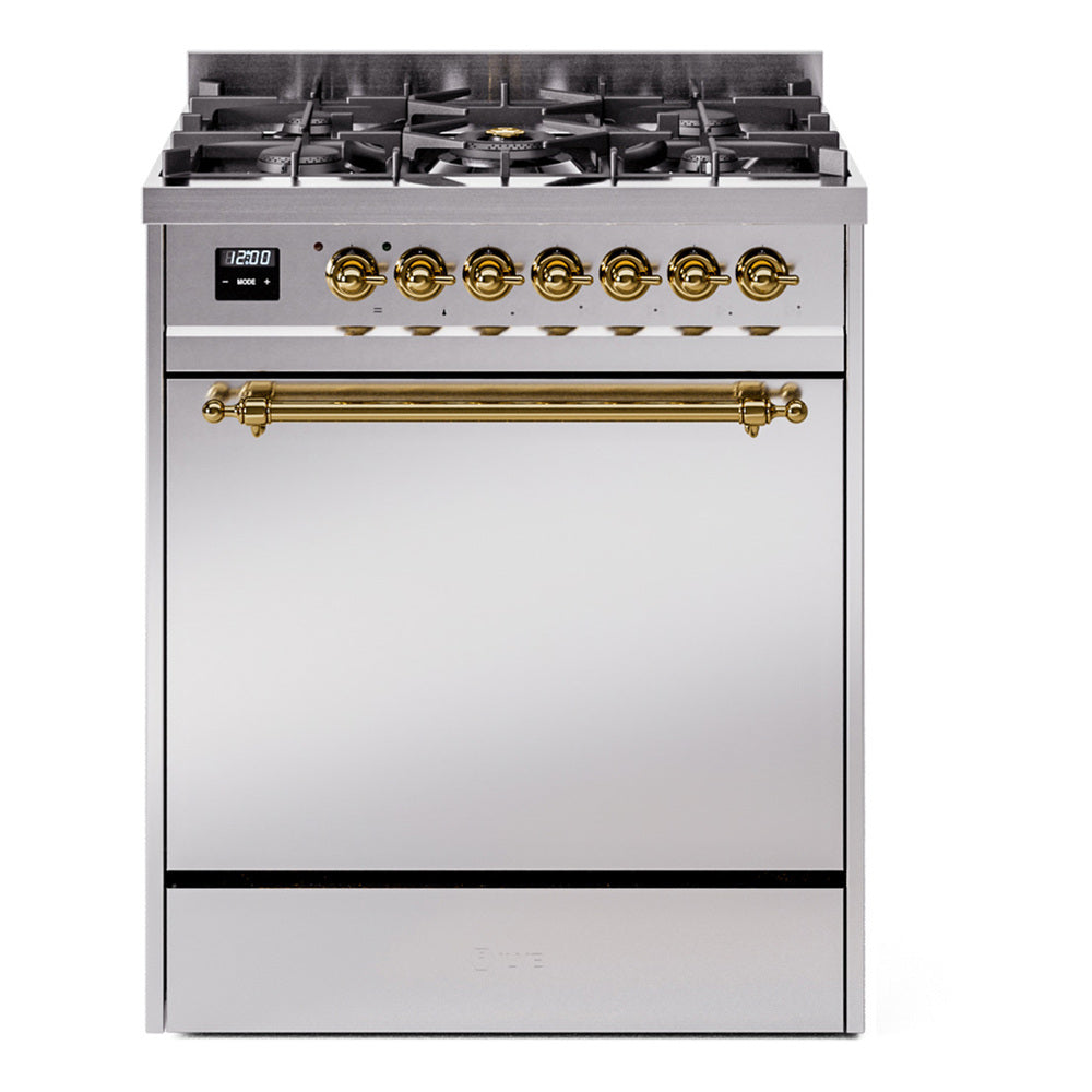 Stainless steel dual fuel range with brass-trim control knobs and 6-burner cooktop