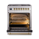ILVE Nostalgie II 30-Inch Dual Fuel Range with Solid Door in Stainless Steel with Brass Trim (UP30QNMPSSG)