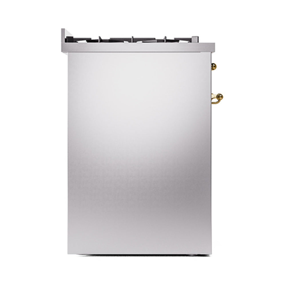 Stainless steel range with solid door and brass side handles, cooktop burner grates on top