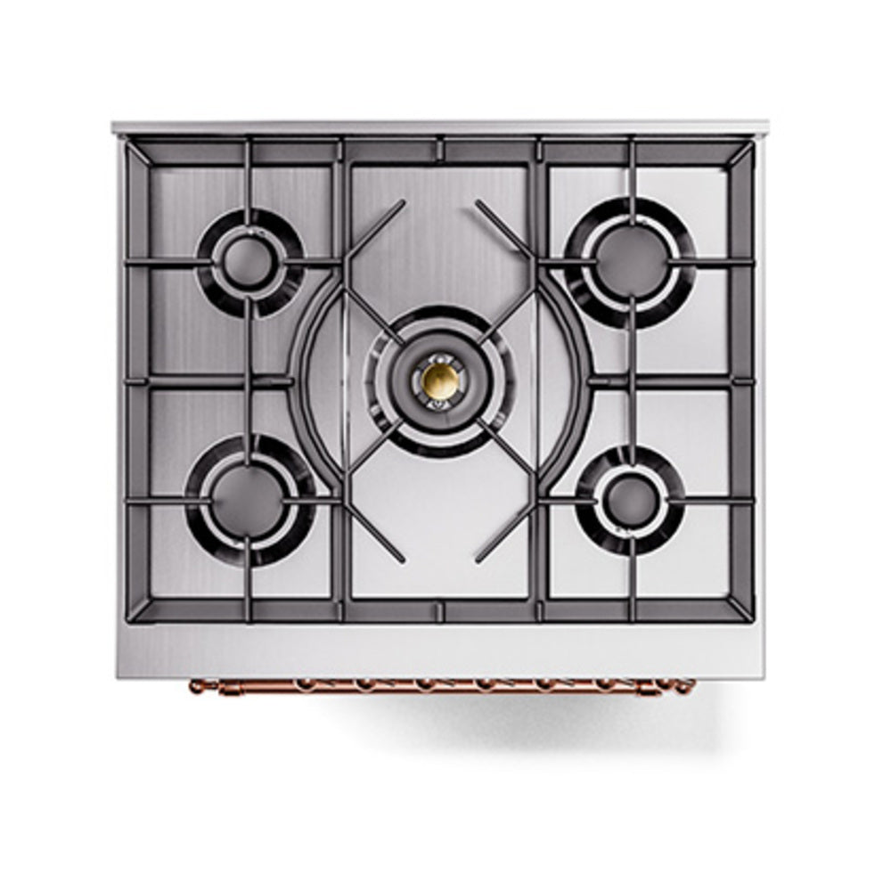 ILVE Nostalgie II stainless steel cooktop with four burners and copper trim