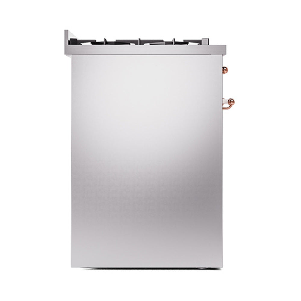 Stainless steel gas range with solid door and copper trim accents