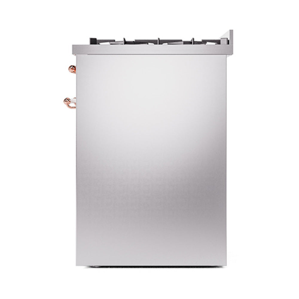 Stainless steel range front with solid door and copper handle details above burners