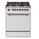ILVE Nostalgie II 30-Inch Natural Gas Dual Fuel Range with Solid Door in White with Bronze Trim (UP30QNMPWHB)