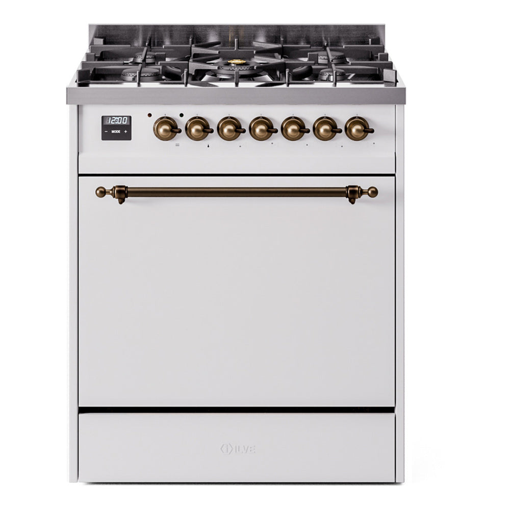 White dual fuel gas range with bronze knobs and control panel, six burner cooktop