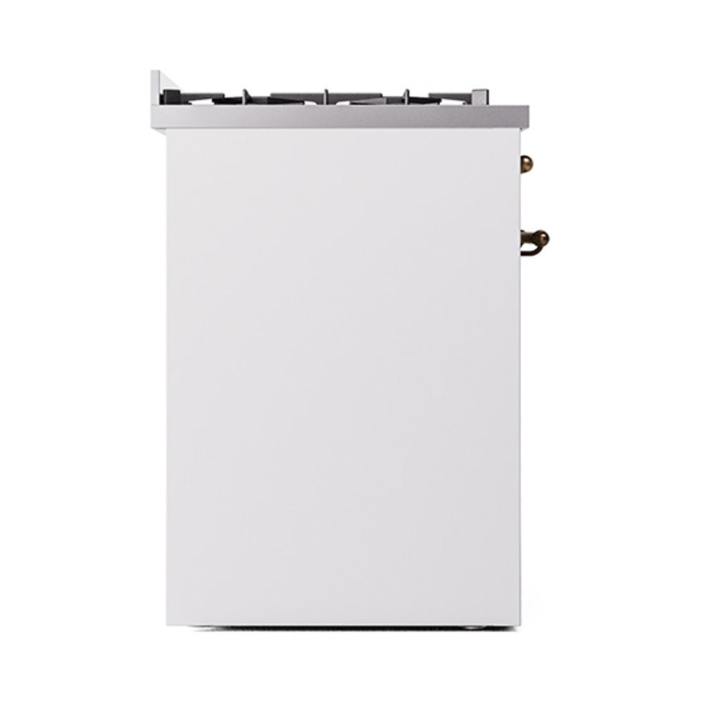 White solid door range, front view with bronze handle details