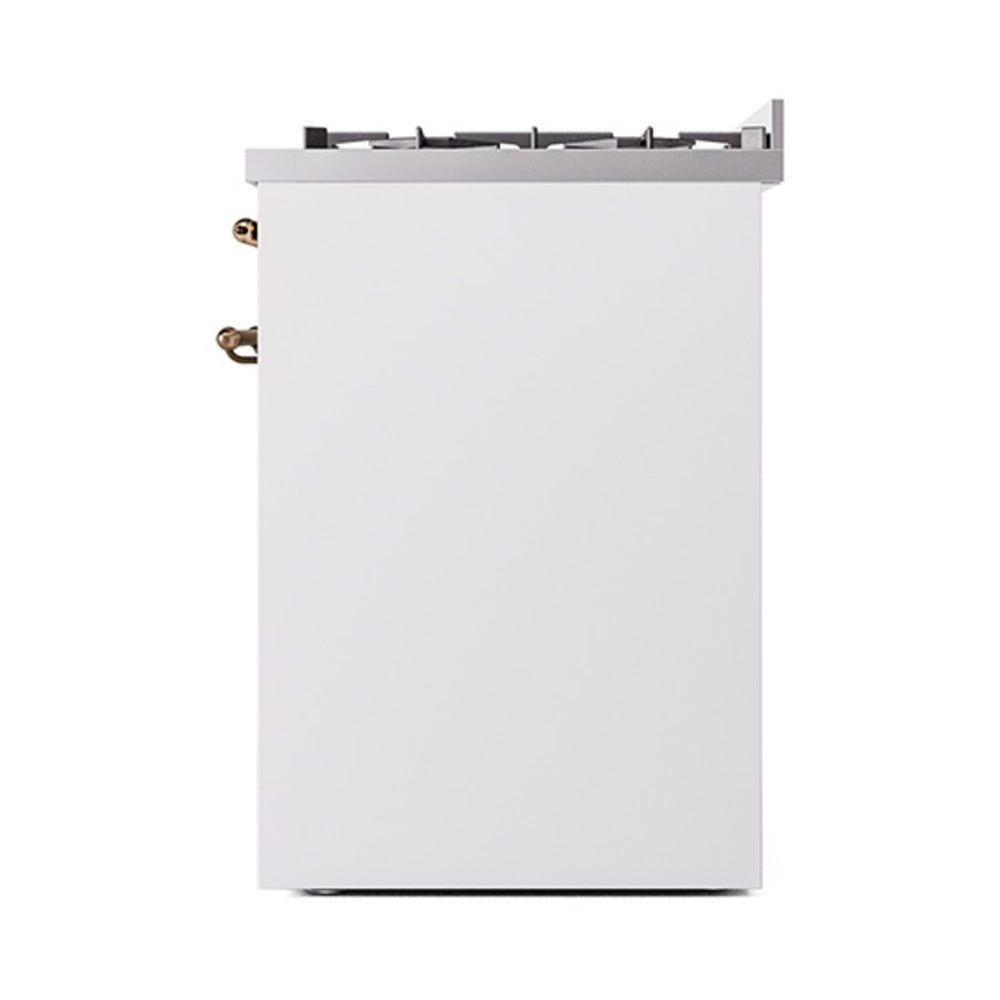 White solid door range with side burner controls and bronze trim accents