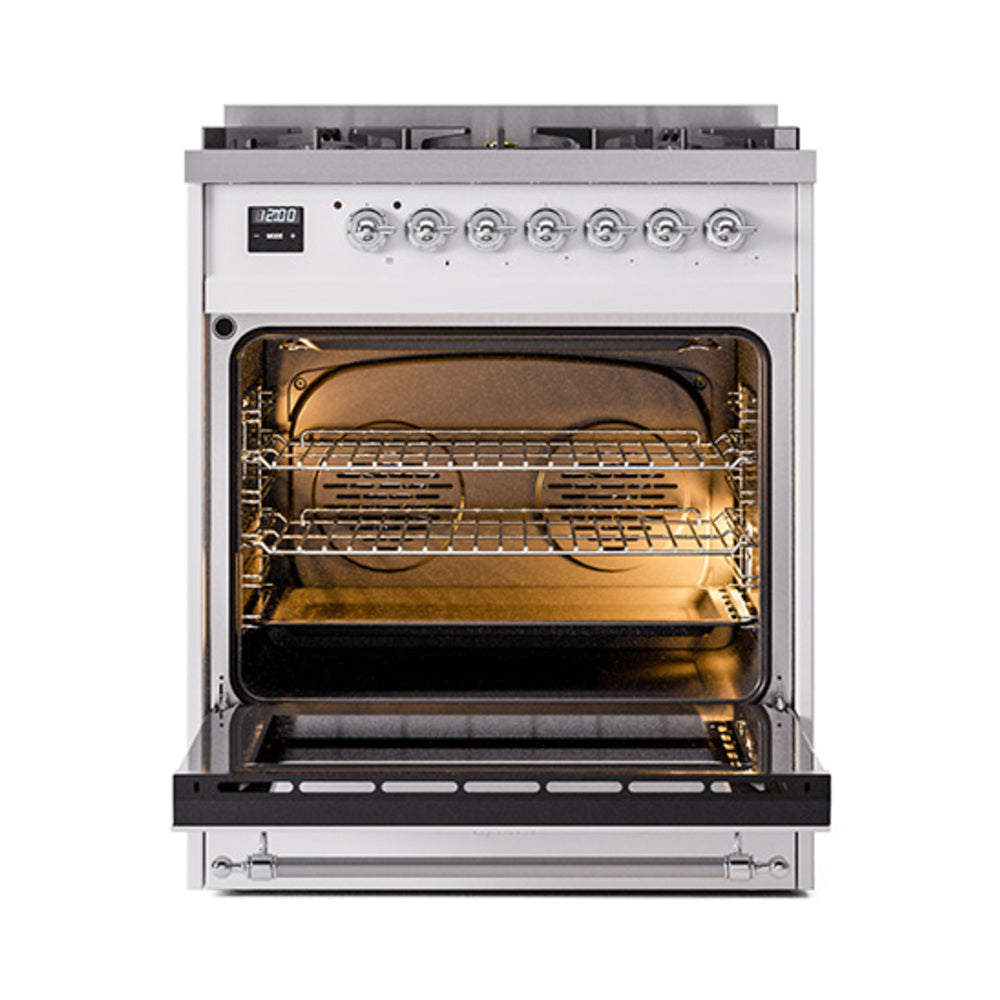 White dual fuel range oven door open, showing interior racks and heating cavity