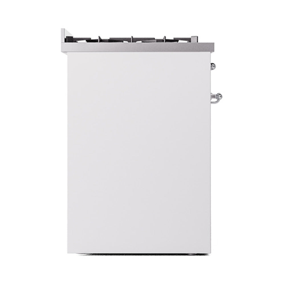 White solid oven door with chrome handle and hinges, dual-fuel range with cooktop grates
