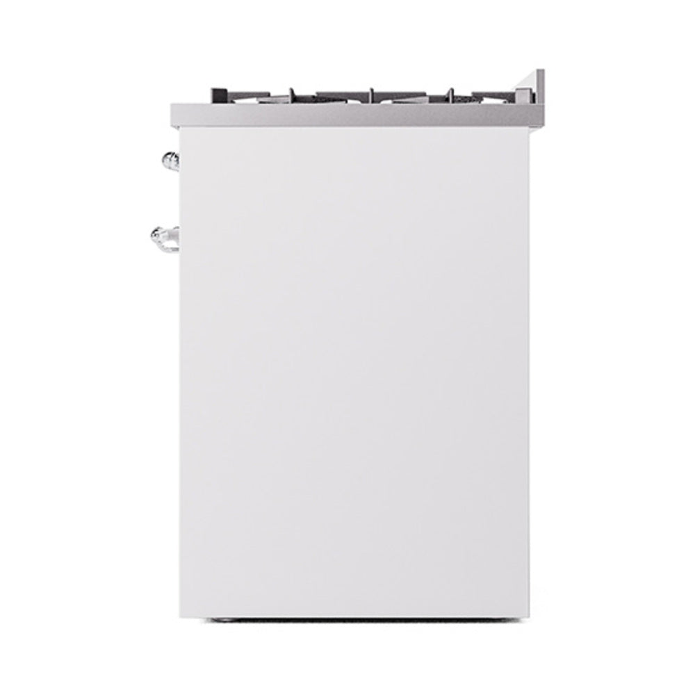 White oven door panel with chrome hinge and handle, dual-fuel range with cooktop grates