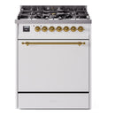 ILVE Nostalgie II 30-Inch Dual Fuel Range with Solid Door in White with Brass Trim (UP30QNMPWHG)
