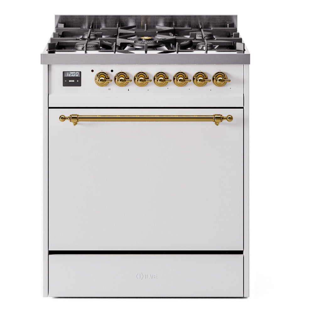 ILVE 30-inch dual fuel gas range in white with brass trim, closed oven door and burners