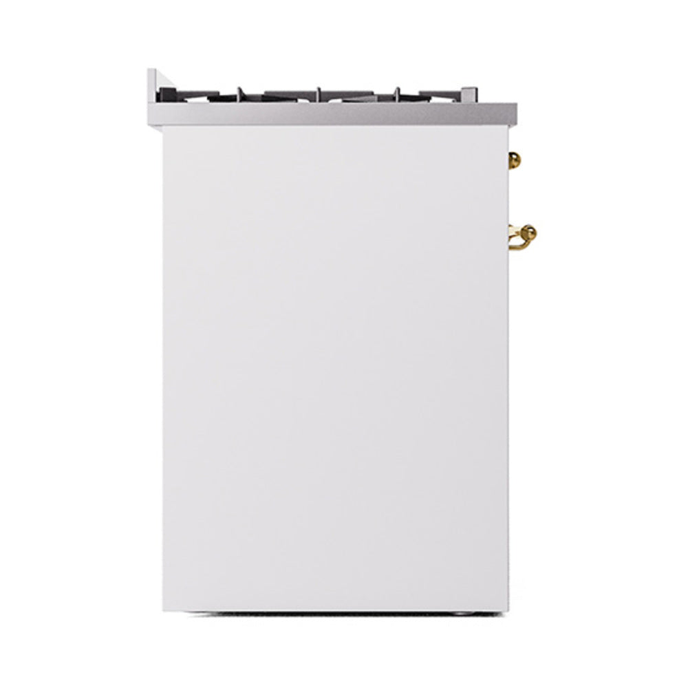 30-inch dual fuel gas range cabinet in white with brass side hardware and top burners