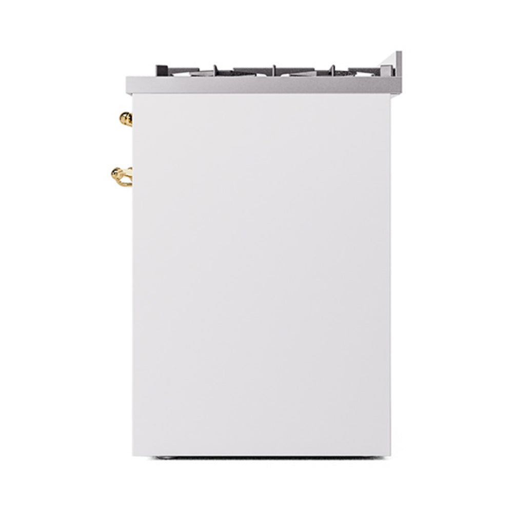 30-inch dual fuel gas range in white with brass side handles and open top burner section