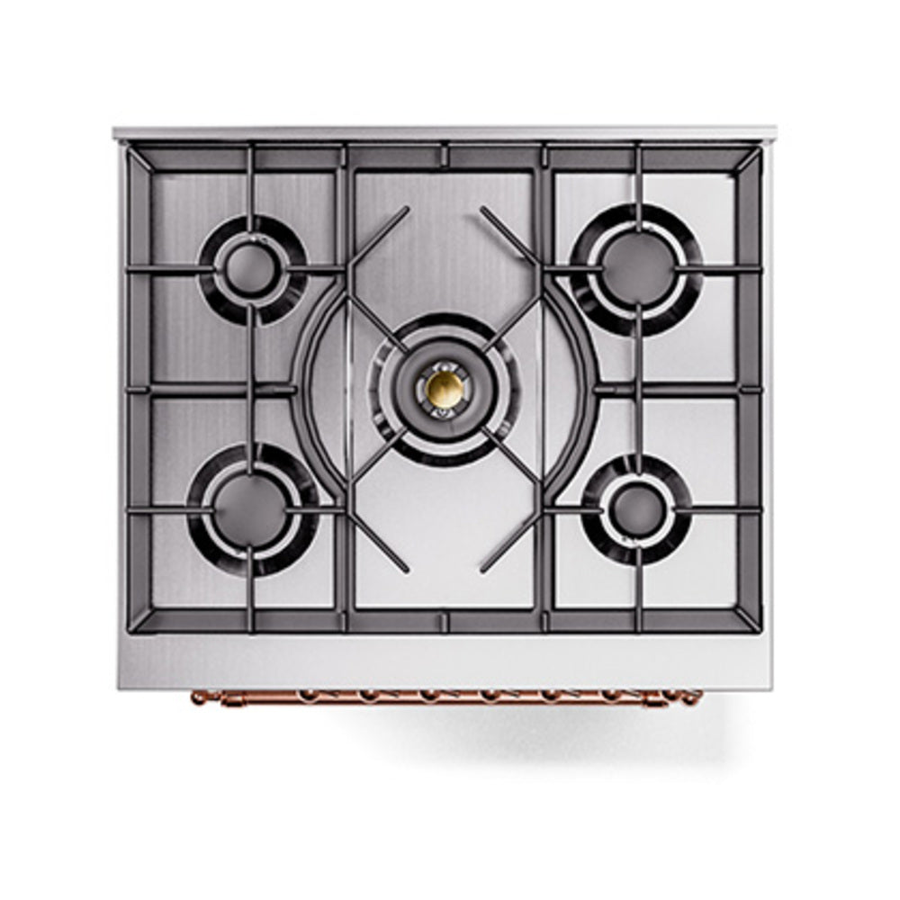 White cooktop with four burners and center burner cap, grates and control layout