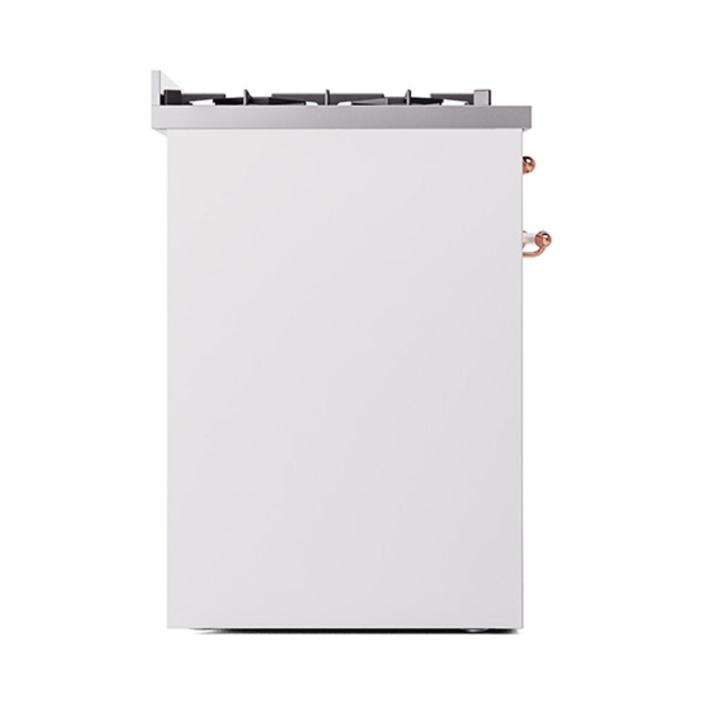 White oven door with exposed copper hinges and black cooktop grates