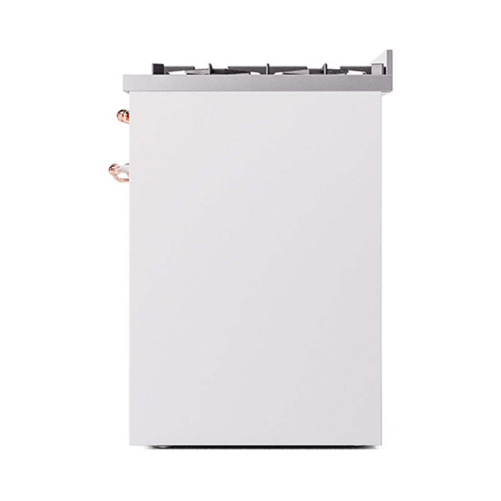 White oven door with copper side hinges and black cooktop grate above