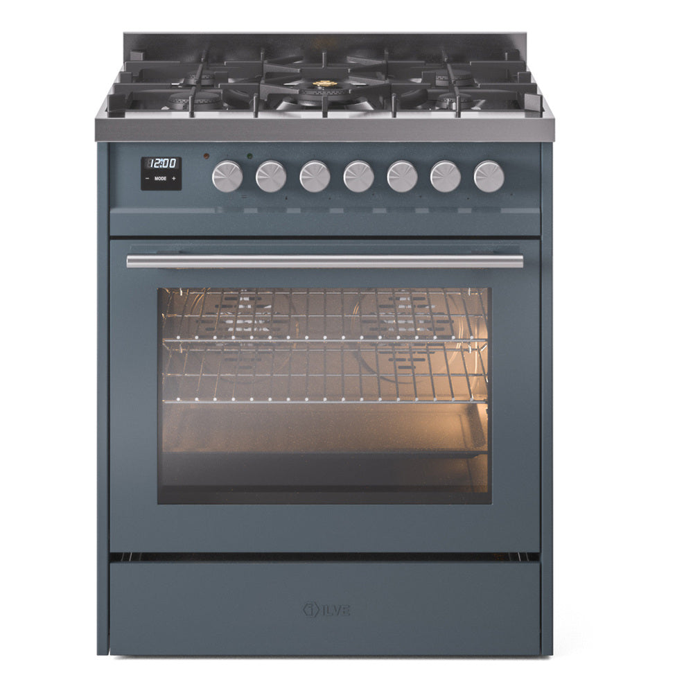 Blue-gray dual fuel range front view with oven door open and glowing interior.