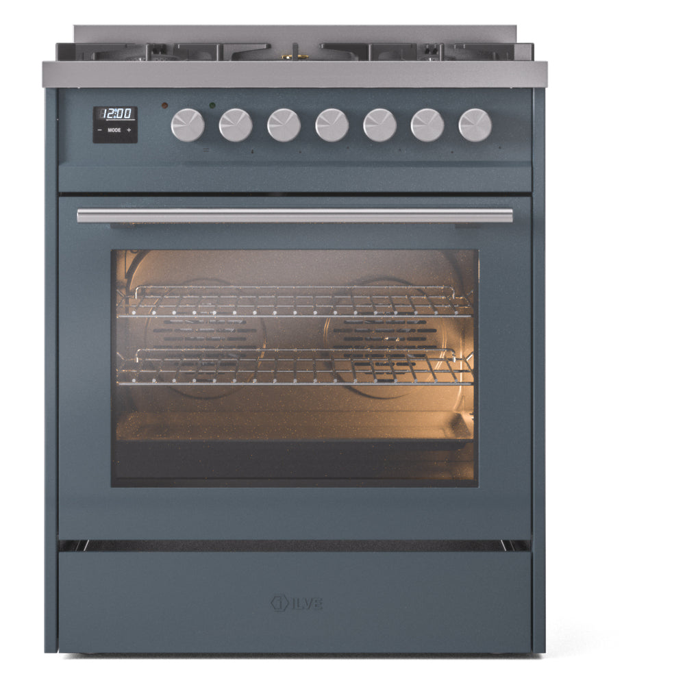 Blue-gray dual fuel range with 5 burners, digital panel, and closed oven door.