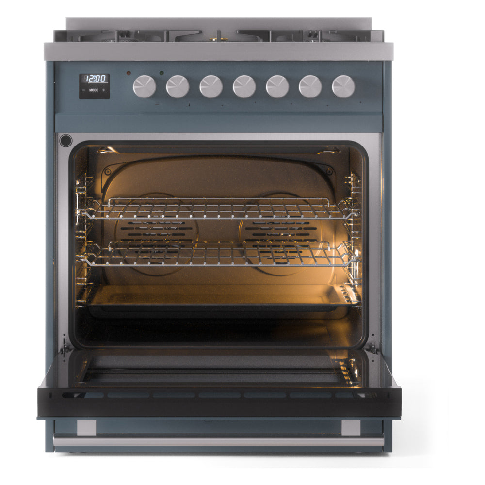 Blue-gray dual fuel range with oven door open, wire racks, and illuminated broil area.
