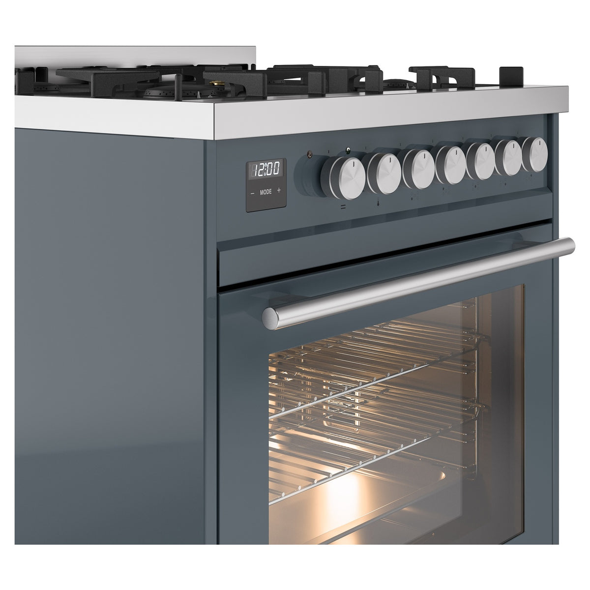 Blue-gray control panel and oven handle on a dual fuel range, with knob row.