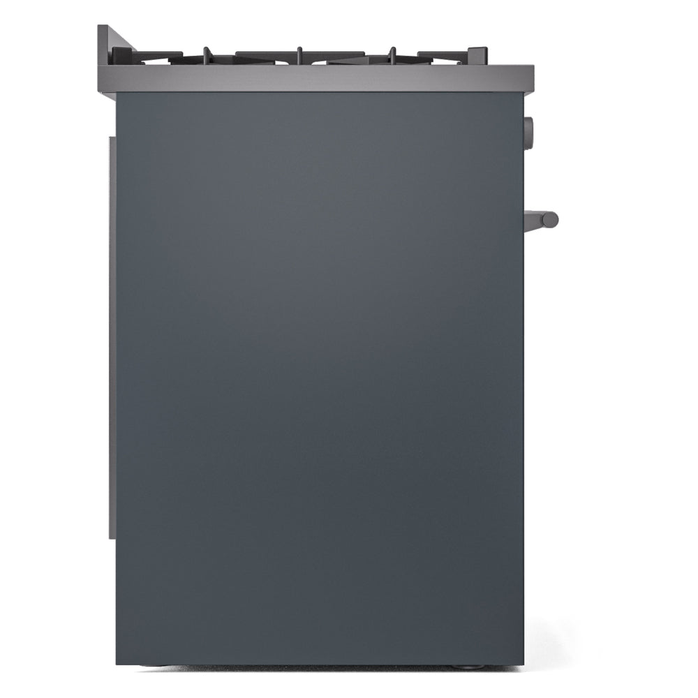 Blue-gray side view of a dual fuel range with control knobs and burner grates.