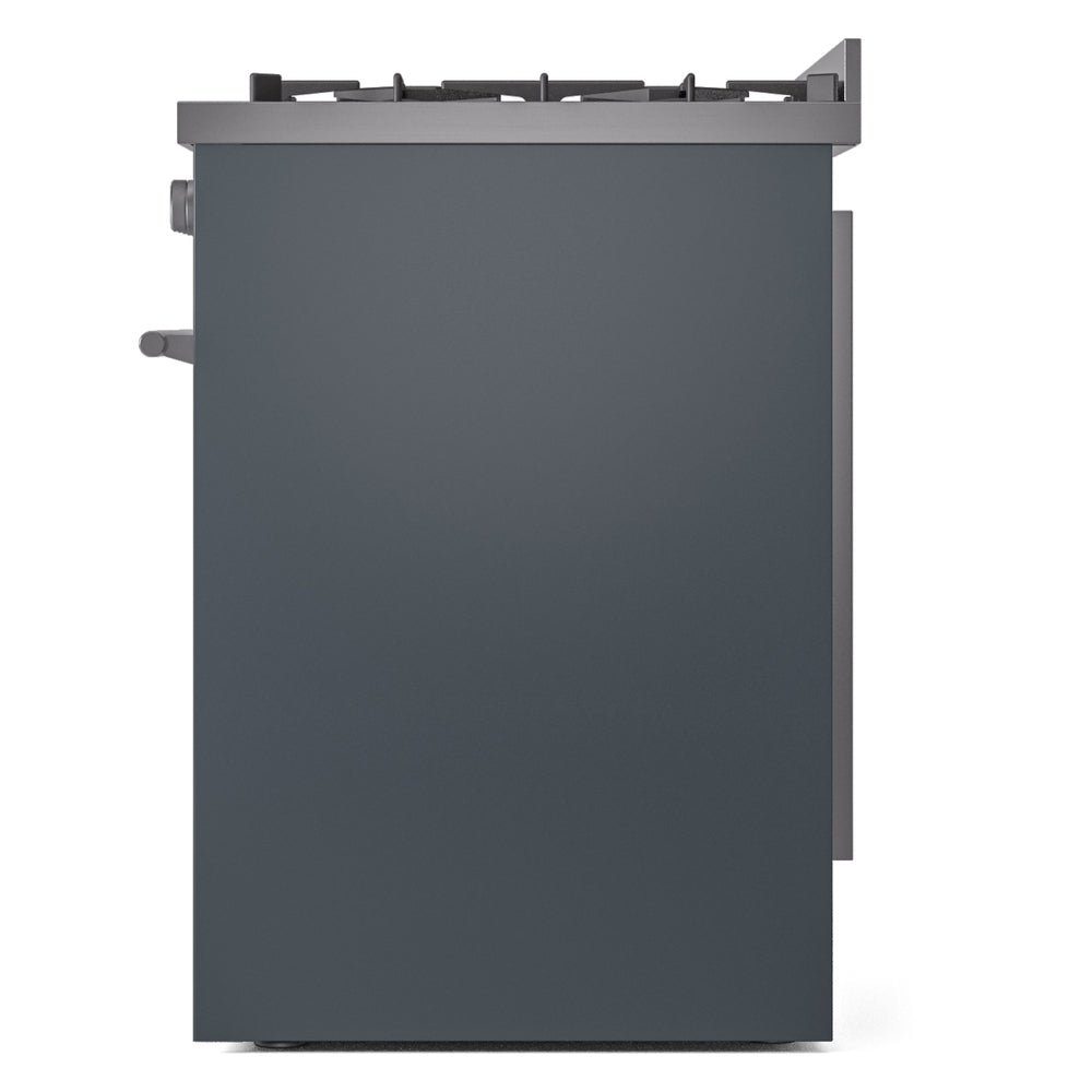 Blue-gray rear/side view of a dual fuel range with top burner grate and knobs.