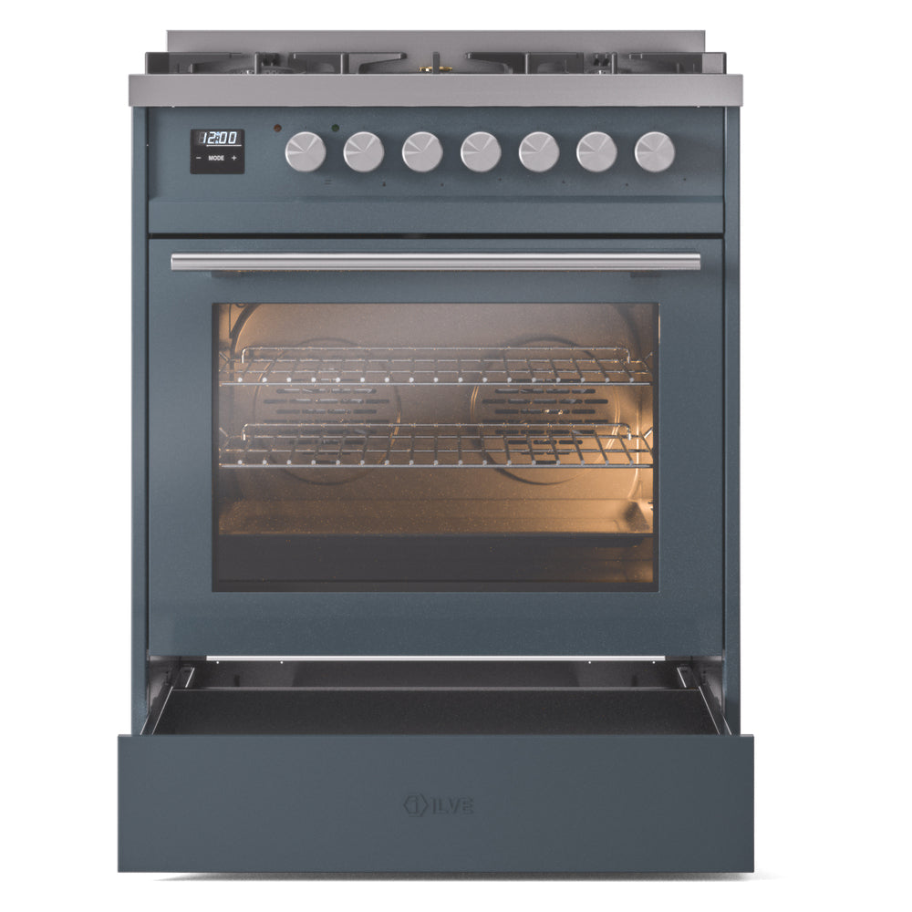 Blue-gray dual fuel range front with oven door open and interior light on.