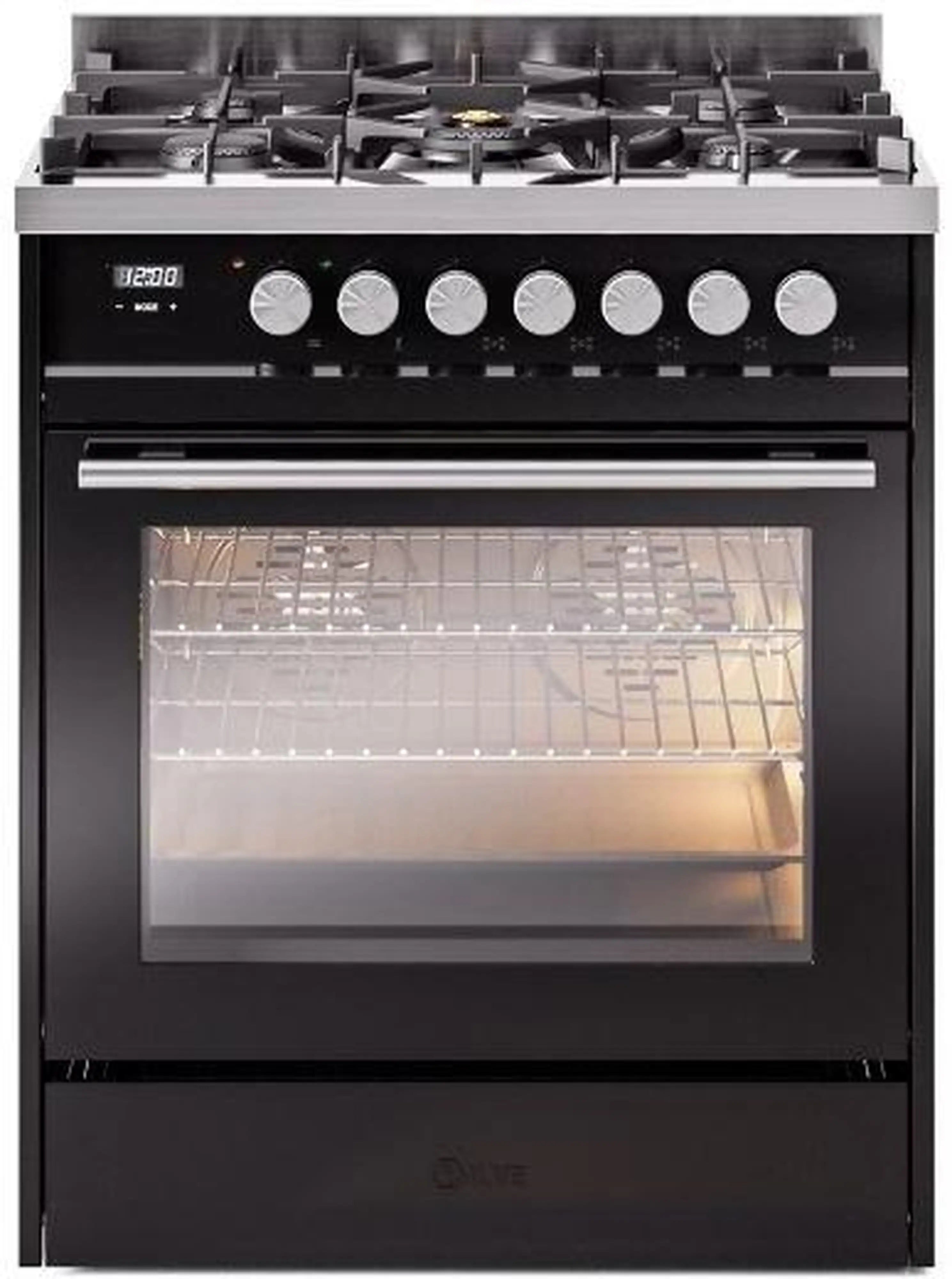 Glossy black dual fuel range with closed oven door, burner grates, and control knobs