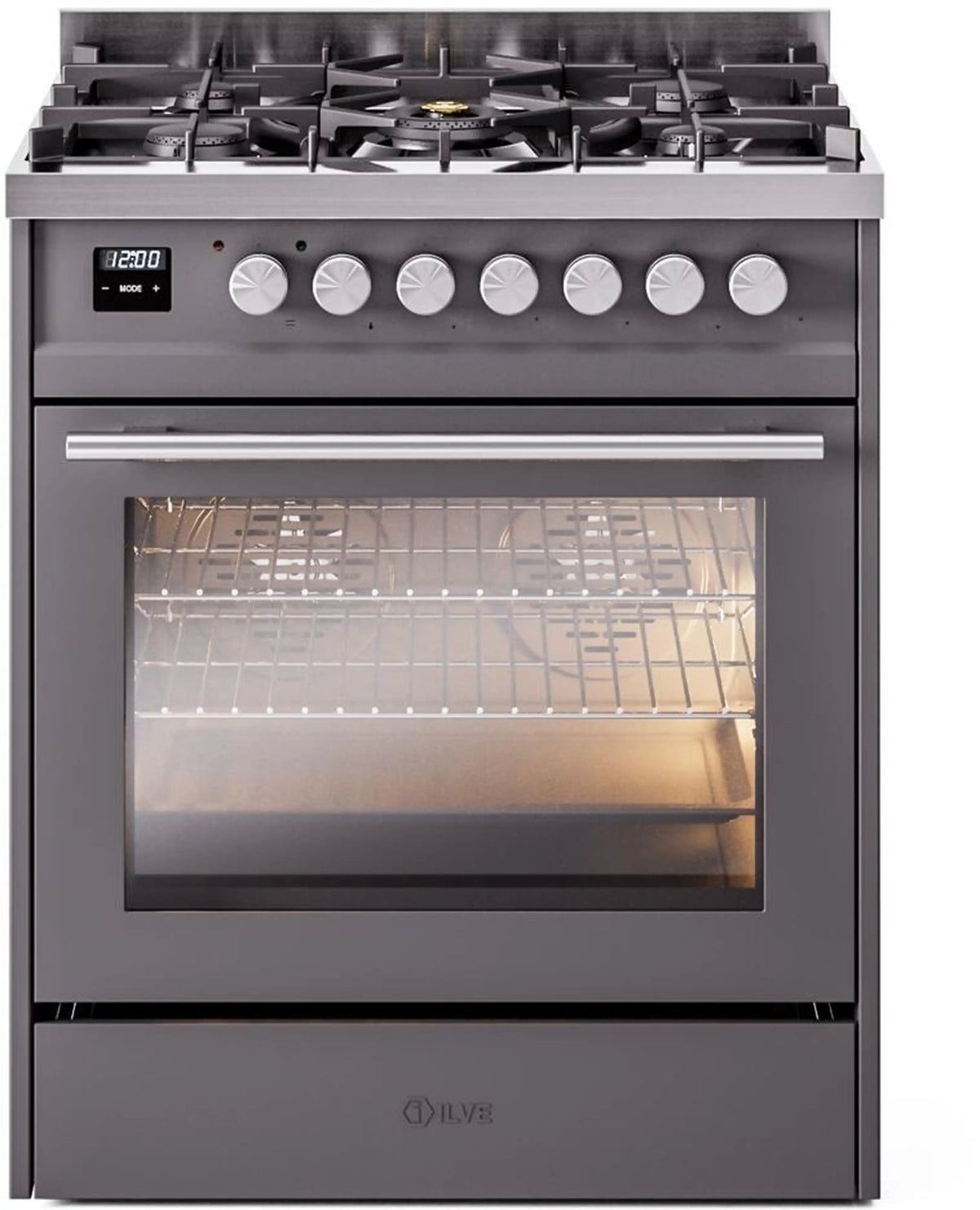 Freestanding dual fuel range with 5 sealed burners and oven window in matte graphite.